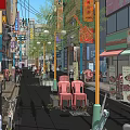 Vibrant Commercial Street With Colorful Shop Signboards Outdoor Seating And Pedestrians