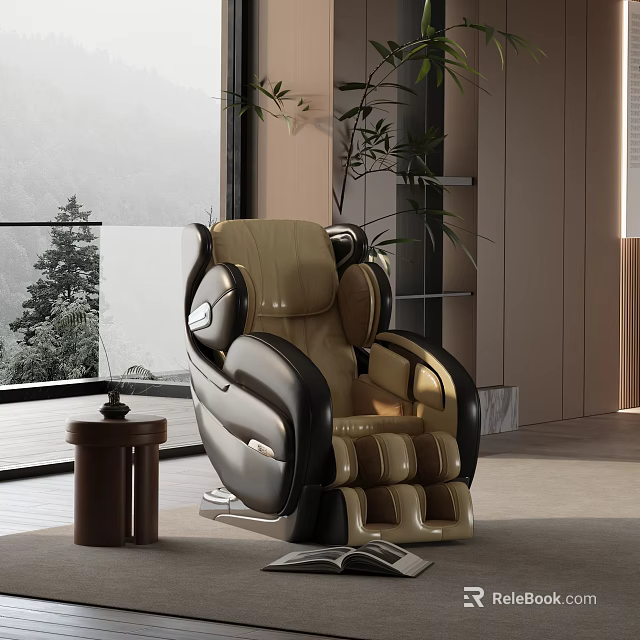 Luxury Beige And Black Massage Recliner Chair With Mountain View And Indoor Plants 3d model 