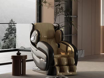 Luxury Beige And Black Massage Recliner Chair With Mountain View And Indoor Plants 3d model