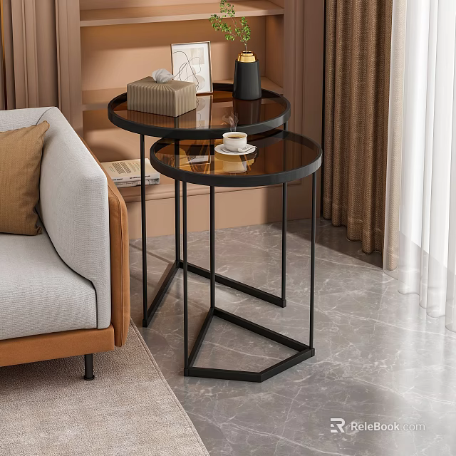 Modern Nested Side Tables With Glass Top And Black Metal Frame For Living Room Decor 3d model 