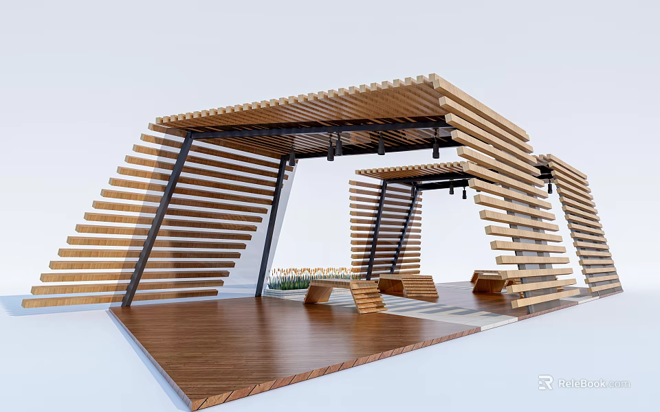 Modern Wooden Pergola Structure With Slatted Roof Wooden Floor And Seating Area 3d model 