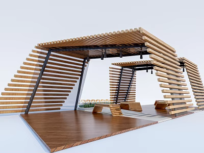 Modern Wooden Pergola Structure With Slatted Roof Wooden Floor And Seating Area 3d model