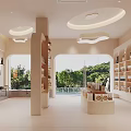 Warm Light Colored Modern Specialty Store Interior With Curved Shelves Counter Lighting And Displayed Merchandise