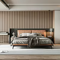 Minimalist Modern Bedroom Interior With Wooden Slat Wall And Brown Leather Headboard