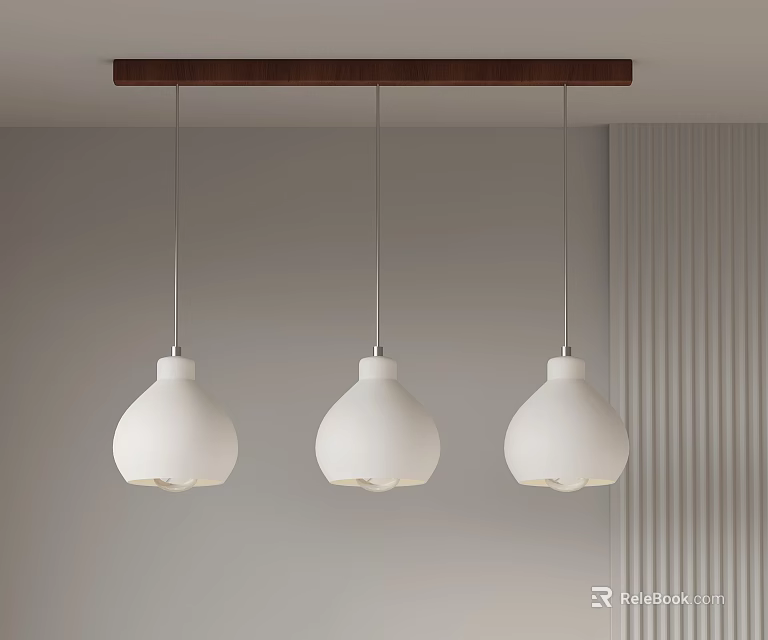 Three White Pendant Lights Hanging From Brown Wooden Bar In Modern Interior 3d model 