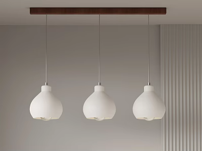 Three White Pendant Lights Hanging From Brown Wooden Bar In Modern Interior 3d model