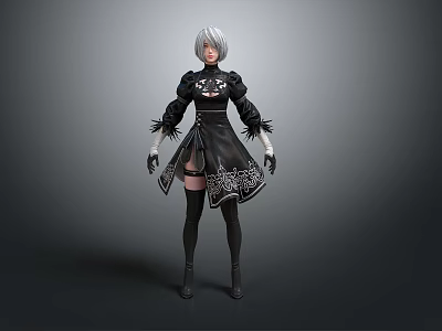 Game Anime Character With Silver Short Hair In Black Gothic Outfit And Long Boots 3d model