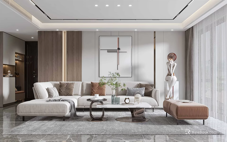 Modern Living Room Interior With Sofa Coffee Table Decorative Painting Area Rug And Sculpture 3d model 