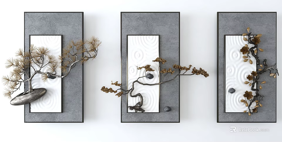 Chinese Style Wall Decor With Branch Stone And Textured Background Frames 3d model