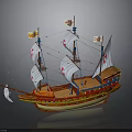 Vintage Wooden Sailing Ship Model With Multiple Sails And Decorative Flags