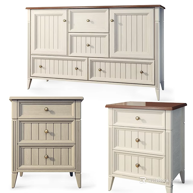 Classic White Wooden Storage Cabinets With Drawers And Tabletop Design 3d model 