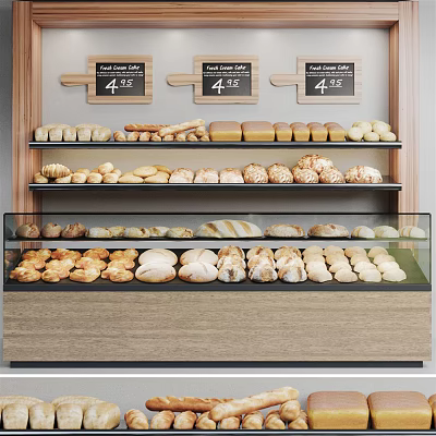 Fresh Various Bread Types In Bakery Display Case With Shelves And Price Tags 3d model