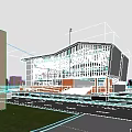 Modern School Building With Glass Facade Sloped Roof And Green Lawns By Road