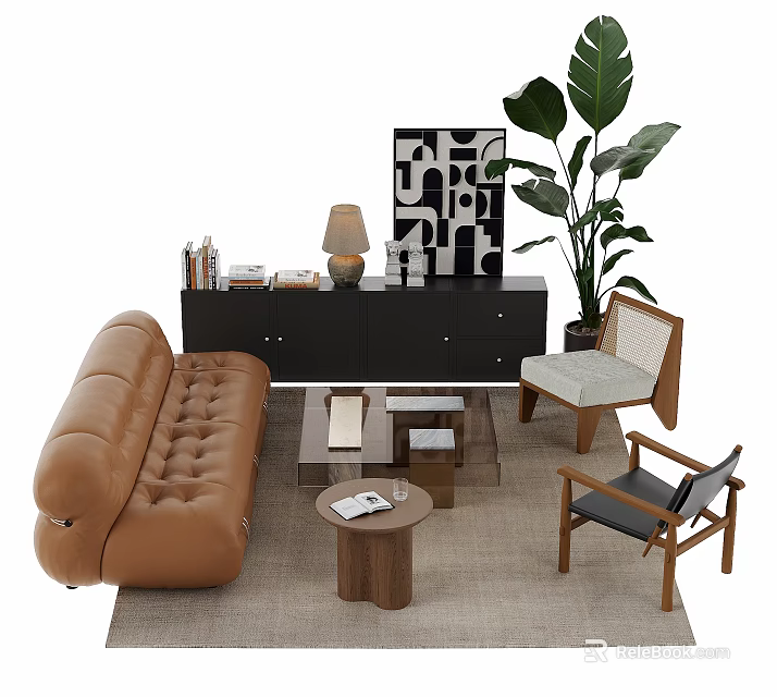 Modern Sofa and Coffee Table Set with Brown Leather Tufted Design Indoor Plants and Artwork 3d model 