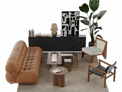 Modern Sofa and Coffee Table Set with Brown Leather Tufted Design Indoor Plants and Artwork 3d model