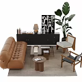 Modern Sofa and Coffee Table Set with Brown Leather Tufted Design Indoor Plants and Artwork