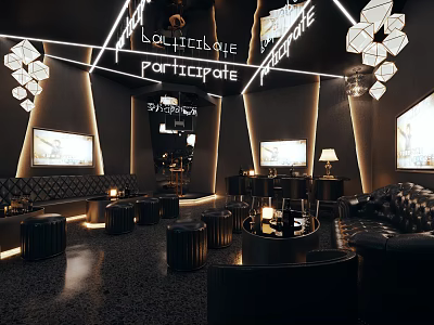 Luxury Modern KTV Lounge Interior With Stylish Lighting Leather Sofas And Round Tables 3d model