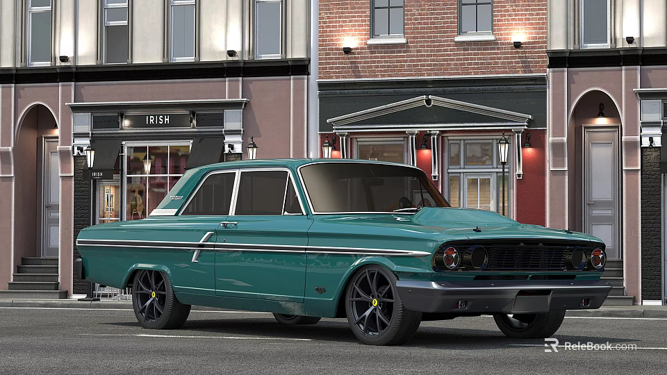 Green Vintage Classic Car Parked On Street With Brick Building Background 3d model 