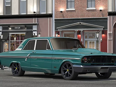 Green Vintage Classic Car Parked On Street With Brick Building Background 3d model