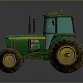 Green Tractor With Large Wheels And Yellow Rims On Reflective Surface