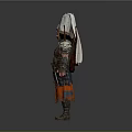 Man In Ancient Warrior Armor With Ornate Details Tall Headdress And Red Orange Pants