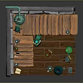 Cartoon Fantasy Scene With Stone Walls Wooden Stairs Green Contraption Candles Bookshelf And White Cat