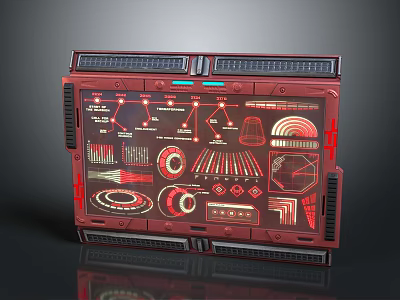 Futuristic Red Control Panel With Technical Diagrams Holographic Displays And Geometric Patterns 3d model