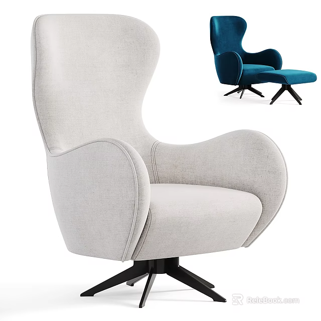 Light Gray Fabric Armchair With High Back Swivel Base And Blue Ottoman 3d model