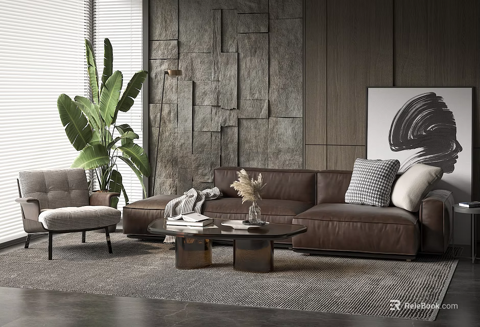 Modern Living Room Interior With Brown Leather Sofa Coffee Table Set And Armchair 3d model 