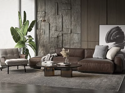 Modern Living Room Interior With Brown Leather Sofa Coffee Table Set And Armchair 3d model