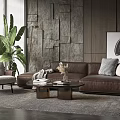 Modern Living Room Interior With Brown Leather Sofa Coffee Table Set And Armchair