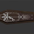 Dark Brown Wooden Coffin With Intricate White Floral Carvings And Metal Handles