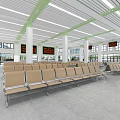 Spacious Bright Station Hall With Brown Seats White Pillars Green Ceiling Beams And Blue Signs