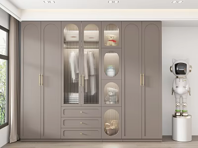 Modern Wardrobe Interior Design With Glass Doors Drawers And Gold Handles 3d model