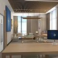 Modern Front Desk Reception With Curved White Walls Female Staff Computer Potted Plant