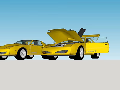 Yellow Sports Cars Featuring Open Hood And Doors Against Blue Sky 3d model