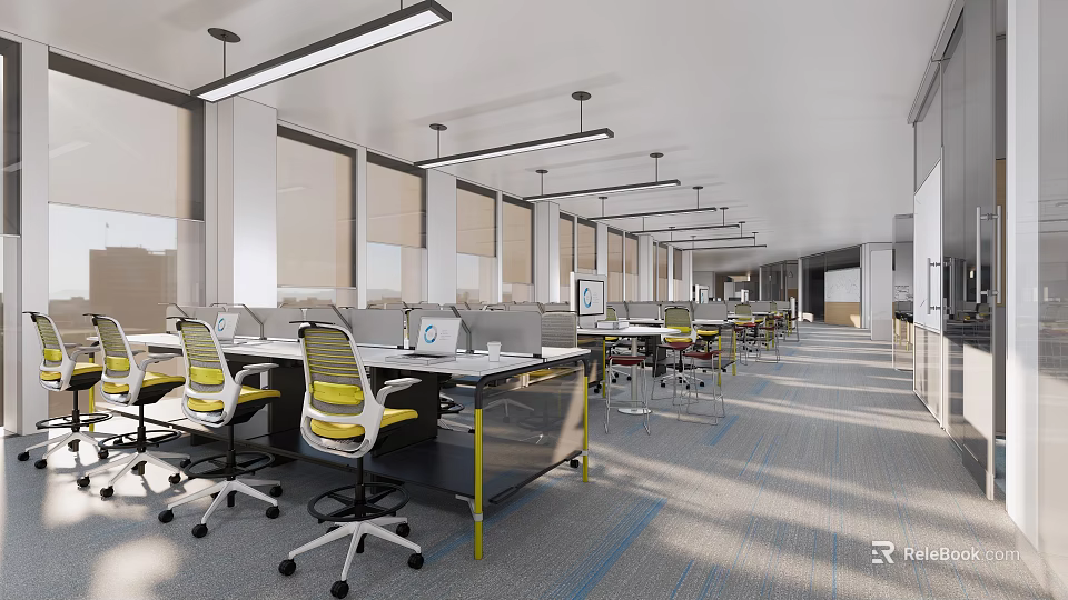Modern Public Office Space Interior With Work Desks Ergonomic Chairs And Ceiling Lights 3d model