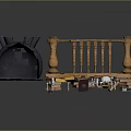 Wooden Functional Desk With Sturdy Pillars Platform And Black Tool Accessories