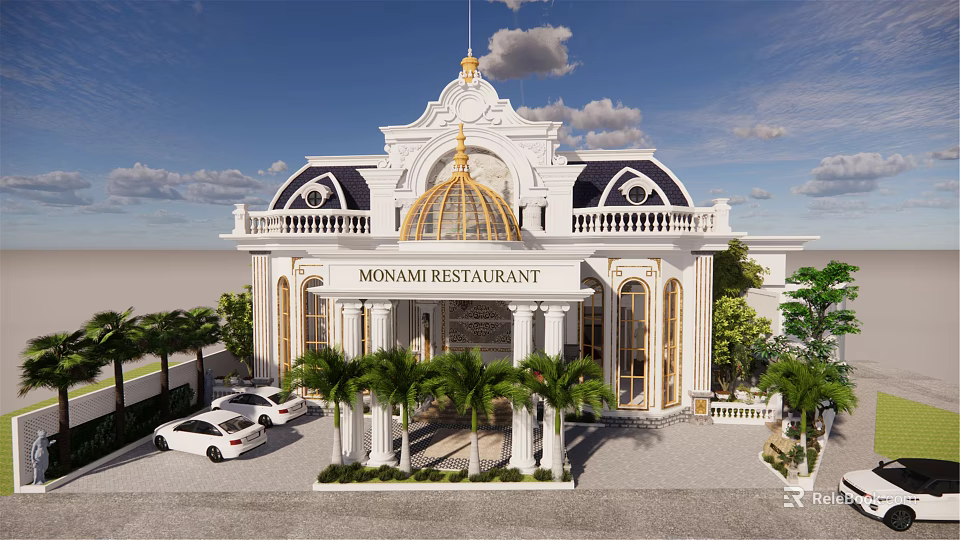 Elegant White Detached Villa With Golden Dome Columns Palm Trees And White Cars 3d model 