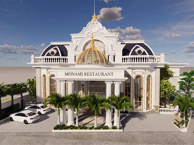 Elegant White Detached Villa With Golden Dome Columns Palm Trees And White Cars 3d model