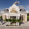 Elegant White Detached Villa With Golden Dome Columns Palm Trees And White Cars