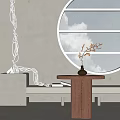 Round Wooden Side Table with Vase and Dried Flowers near White Sofa in Minimalist Interior