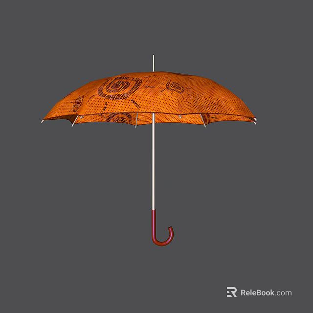 Stylish Orange Umbrella With Intricate Patterns And Red White Curved Handle 3d model