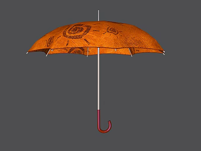 Stylish Orange Umbrella With Intricate Patterns And Red White Curved Handle 3d model