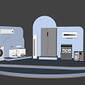 Modern Home Appliances Display With Washing Machine Refrigerator And Light Blue Curved Panels