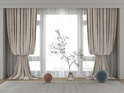 Beige Textured Floor Length Curtains with Sheer Panels and Green Plant in Living Room 3d model