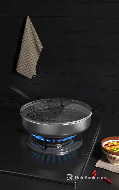Stainless Steel Frying Pan on Gas Stove with Blue Flame and Hanging Checkered Towel 3d model 