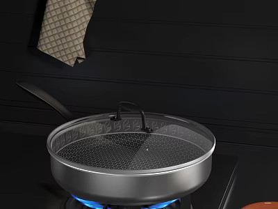 Stainless Steel Frying Pan on Gas Stove with Blue Flame and Hanging Checkered Towel 3d model