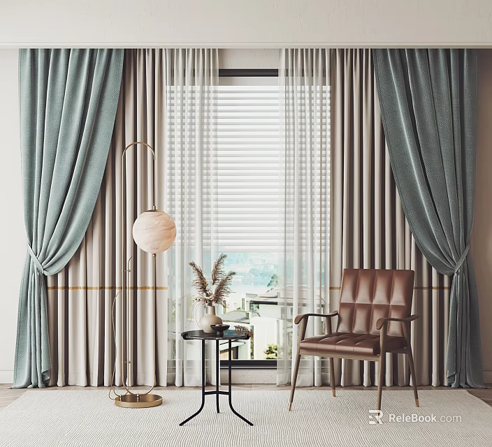 Teal And Beige Curtains With Brown Leather Chair Floor Lamp Side Table And Natural Light 3d model 