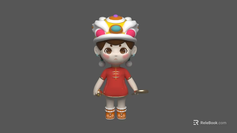 Woman in Traditional Red Outfit with Colorful Decorative Hat and Holding Stick 3d model 